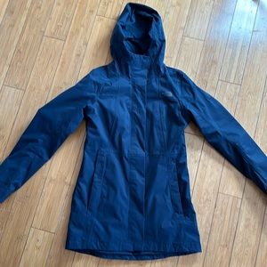 Women’s long rain, shell jacket, navy size small